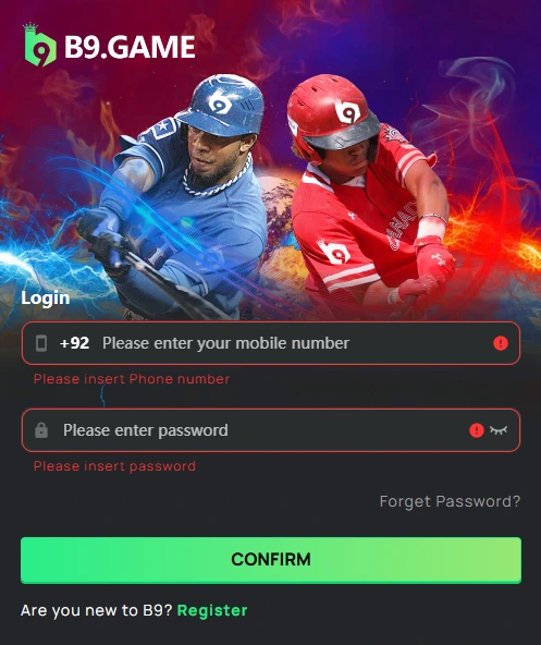 B9 Game Login Screen with Mobile Number and Password Fields – 2025 Latest Version